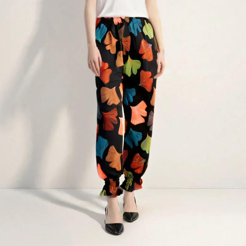 WTEMPO Эластичные тонкие брюки-джоггеры с высокой талией и принтом, женские весенне-летние брюки с широкими штанинами из ледяного шелка, свободные укороченные брюки для мамы