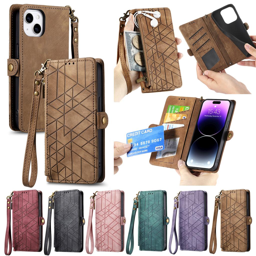 Wallet Zipper Purse Card Solt Leather Case For iPhone 14 15 Pro Max 13 Mini 12 11 SE 2022 X XR XS 8 7 Plus Strap Bag Book Cover