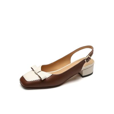 Свежие цвета соответствующего цвета с бантом внутри и снаружи, полностью кожаные весенне-летние сандалии Baotou из воловьей кожи на толстом среднем каблуке для женщин