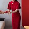 Красное кружевное женское платье Cheongsam, элегантное тонкое платье в стиле ретро с воротником-стойкой и рукавами 3/4, жаккардовое кружево Ципао, вечернее свадебное платье в китайском стиле