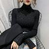 Women Autumn Winter Hot Drill Thicken Pile Collar Long Sleeve Sweater Knitted Bottoming Pullover Top