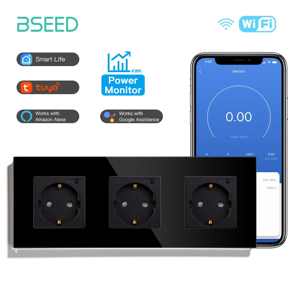 BSEED Wifi Sockets EU Wall Socket Smart Tuya Electric Sockets Power Monitor Google Smart Life Alexa Voice Control Glass Panel