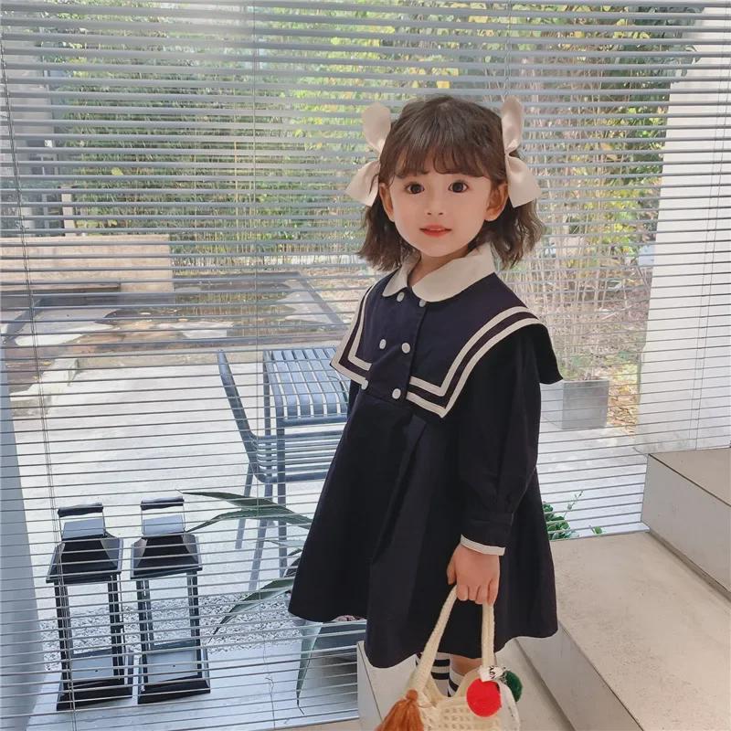 Платье темно-синего цвета в стиле вестерн-колледж для девочек, осень 2024 г., с корейским колоритом