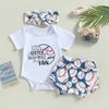 Baby Girls Summer Outfit Sets White Short Sleeve Letter Romper + Baseball Print Shorts + Headband