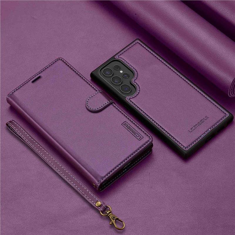 2-in-1 Magnetic Detachable Case for Samsung S25 Ultra, A17 Flip Cover with Card Slot and Lanyard, Leather Case A5655