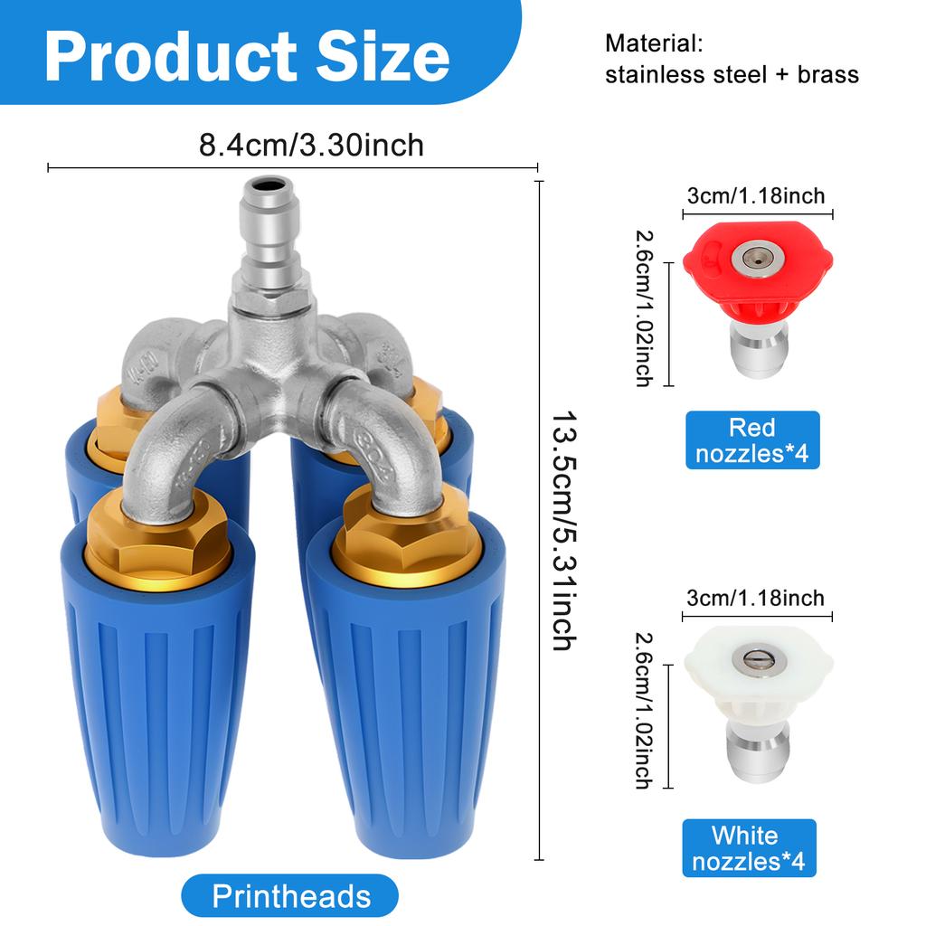 Насадка турбо 4-в-1 для мойки высокого давления, отверстие 2.0, четверная турбонасадка, вращающаяся на 360°, быстроразъемное соединение 1/4", наконечник 4000 PSI, турбо