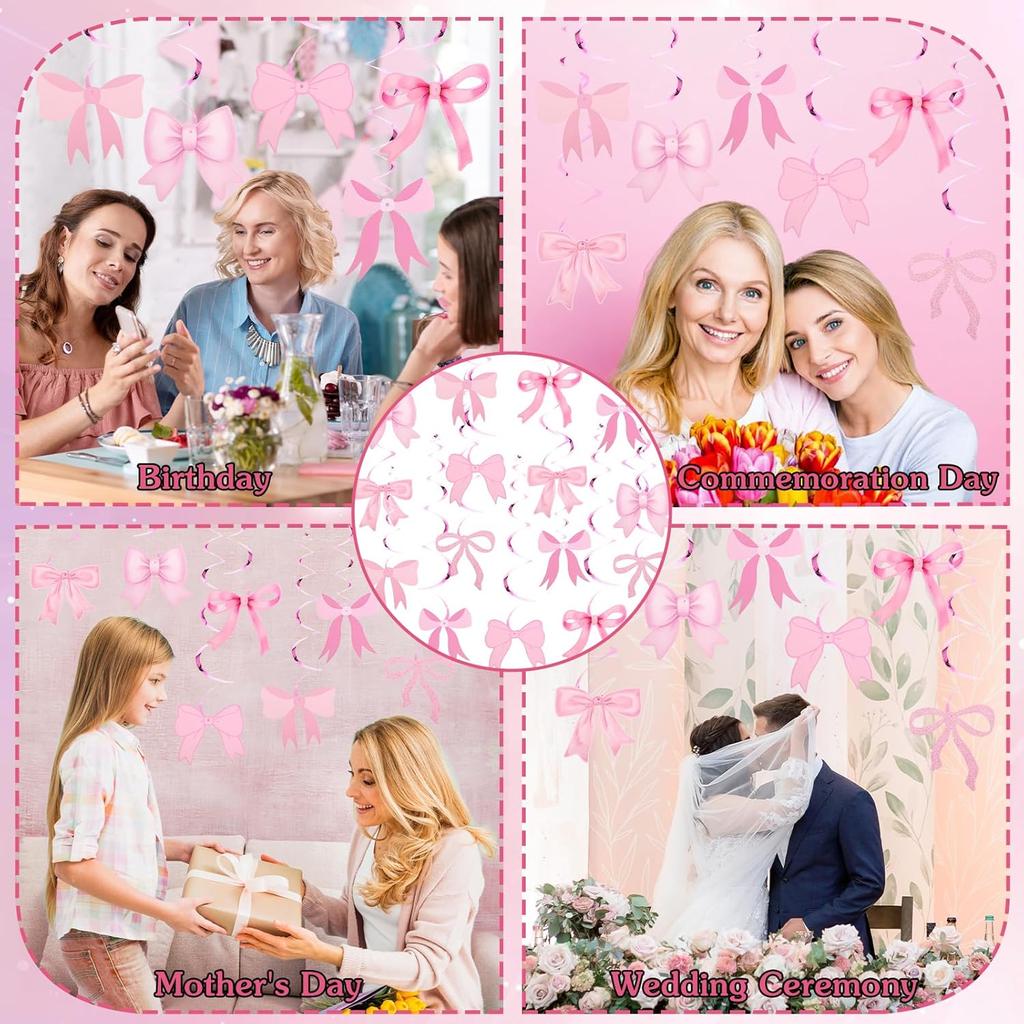 20 Pcs Pink Bow Party Hanging Swirls Decorations Pink Girl Theme Bow Garland Birthday Party Decoration Banner for Baby Shower Bridal Shower