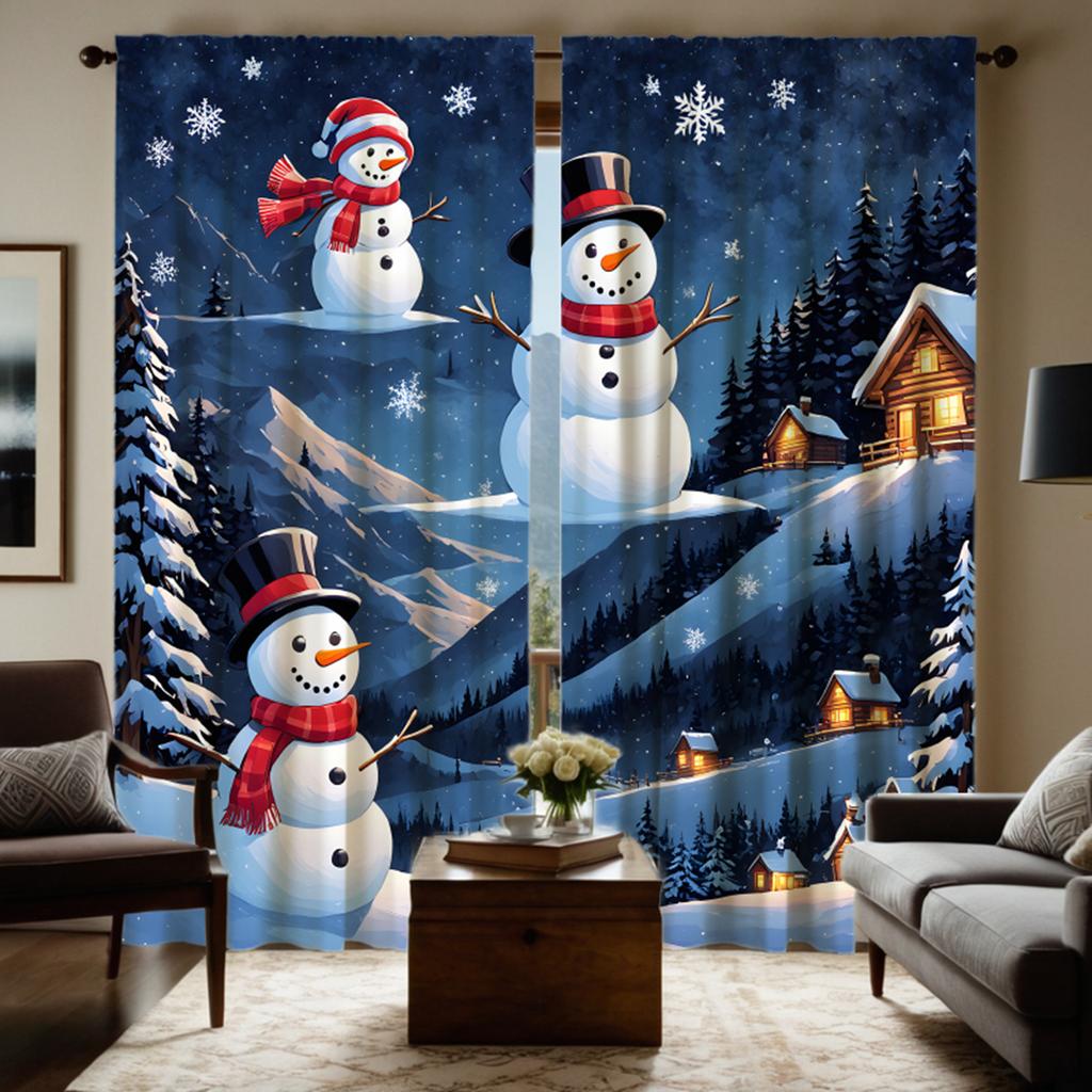 2 шт. HD Рождественская снежная горная сельская занавеска со снеговиком, белая занавеска с цифровой печатью, украшение для дома, стиль decorati