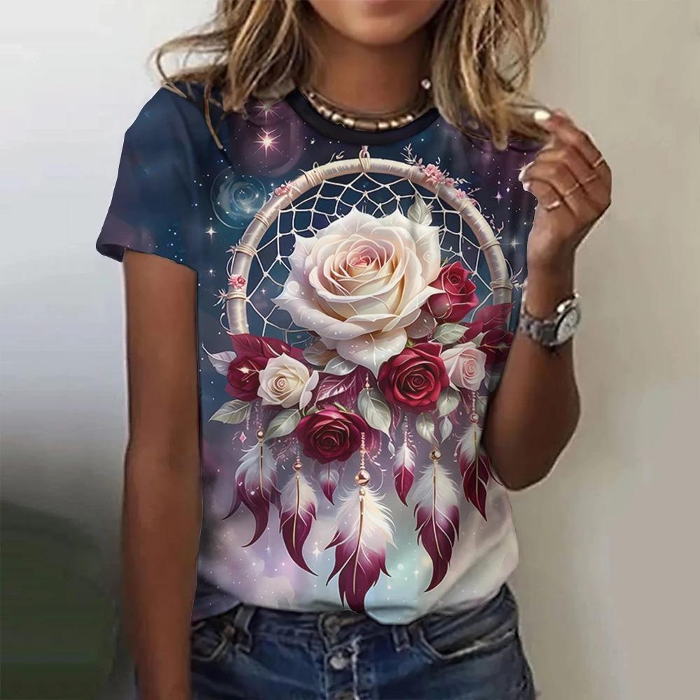 Summer Dreamcatcher 3D Print T-Shirt Women's Street Casual Retro Y2K Short Sleeve Crew Neck Top
