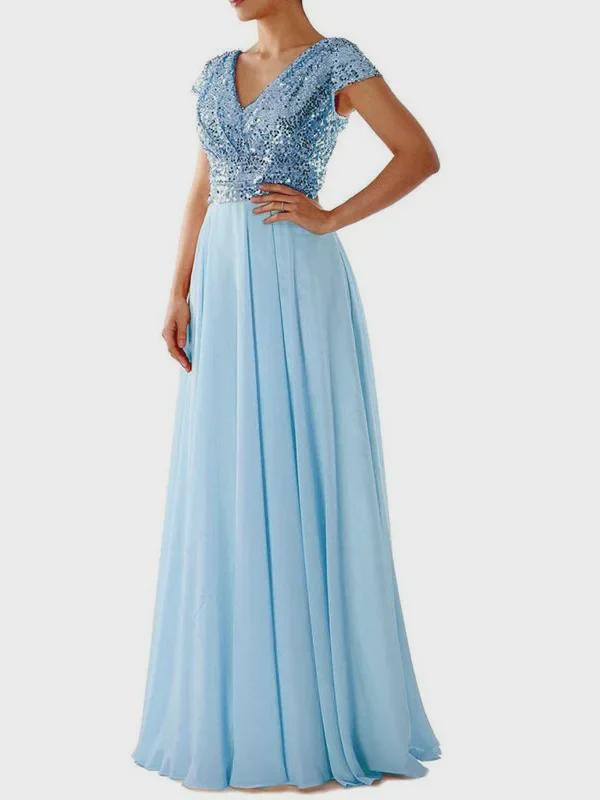 Новое вечернее платье из шифона с V-образным вырезом и пайетками