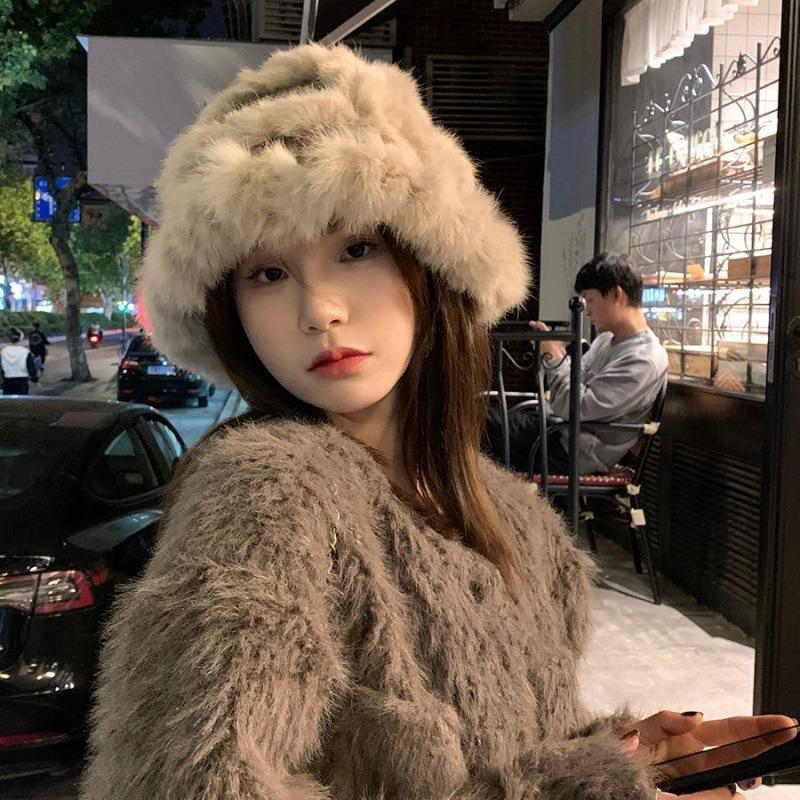 Rabbit Hair Hat Women's Autumn and Winter Thickened Warm Ear Protection Knitted Hat Loose Big Head Circumference Wool Bucket Hat Shows Small Face