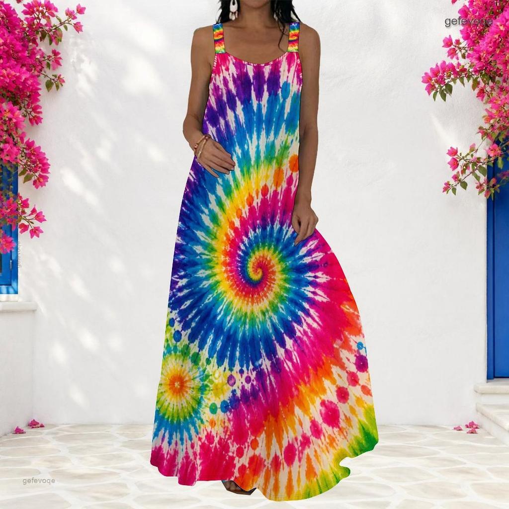 Women Plus Size Scoop Neck Strappy Sleeveless A Line Long Dress Green Leaf Printed