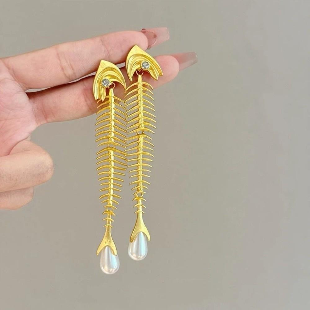 Punk Gothic Fish Bone Pearl Earrings Fishbone Shaped Drop Earrings Exaggerated Eardrop  Women