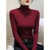 Women's Slim Fit Long Sleeve T-shirt, Double Plush, Mid-High Neck, Thickened for Autumn/Winter Warmth