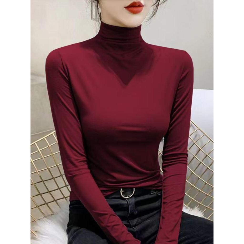 Women's Slim Fit Long Sleeve T-shirt, Double Plush, Mid-High Neck, Thickened for Autumn/Winter Warmth