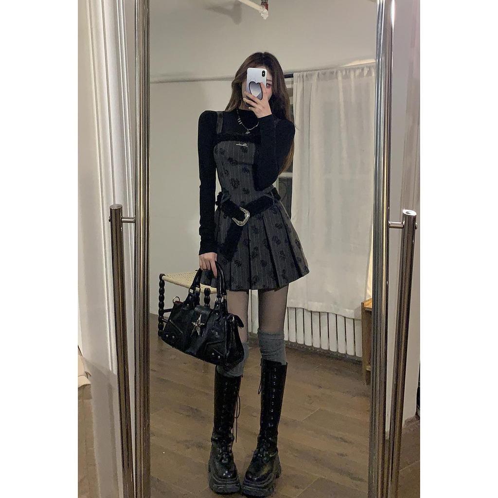 Spring Women's Y2K Vintage Spaghetti Strap Dress 2 Piece Set Black Gothic Dresses Sundress With Half High Collar Tops