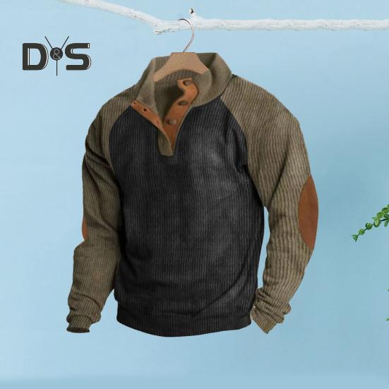 Весна Осень Мужская Толстовка Цветные Блоки Пэчворк Ретро Стиль Полуоткрытый Воротник-стойка Топ Плюс Размер Свободный Длинный Рукав Топ Повседневная Жизнь Офис