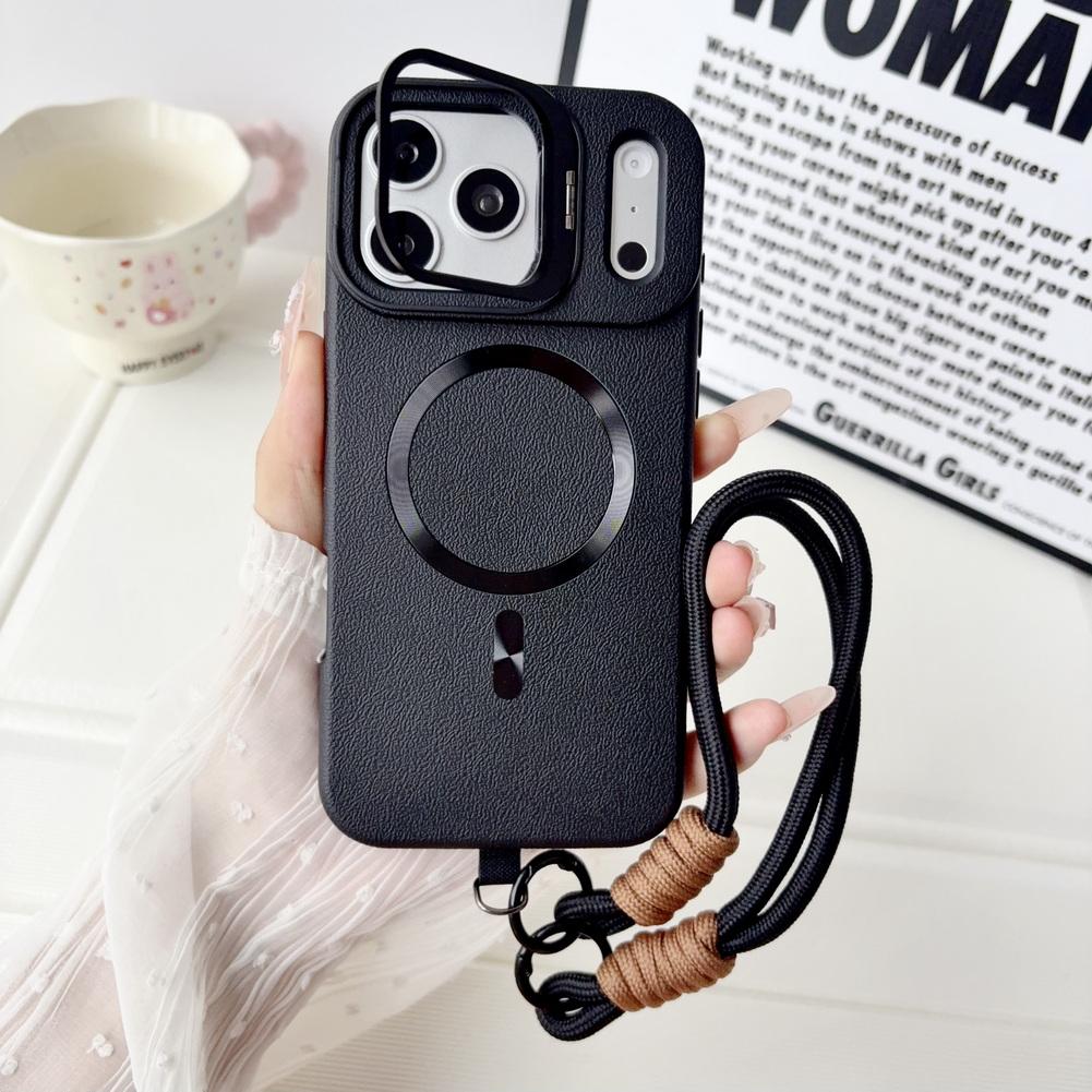 Wrist Strap Leather Textured Case For iPhone 17 Pro Max 17 pro Air 16 15 14 13 12 11 Metal Lens Bracket Magnetic Ring Cover