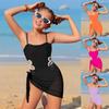 2025 Color Block Floral Cutout Girls' One-Piece Swimsuit with Wrap Skirt
