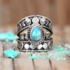 Jianjie Bohemian Turquoise Teardrop Engraved Floral Ring - Vintage Women's Jewelry