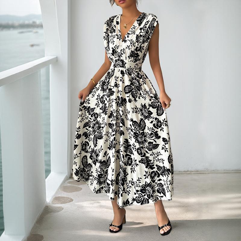 VEZFAA Women's Fashion Summer Spring Flower Pattern Print Sleeveless V-Neck High Waist Casual Dresses