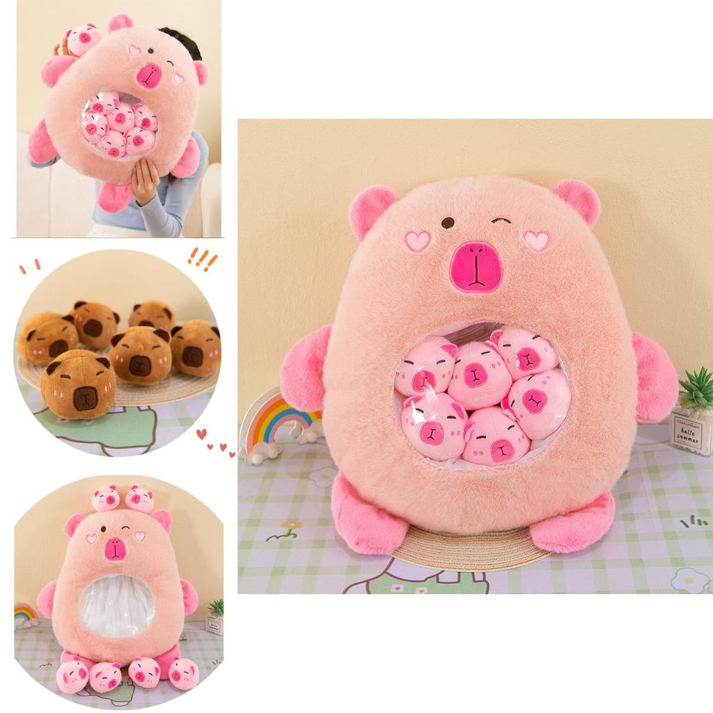 Cute Capybara Stuffed Toy Pillow Bag With Six Mini Plushies Stress-relief Dolls
