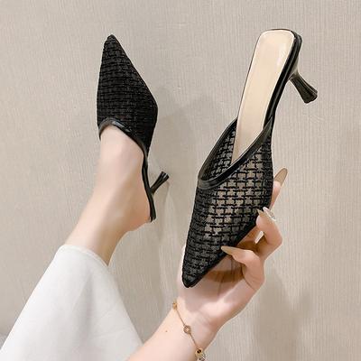 Летняя сумка голова полутапочки женские тонкие каблуки ретро сетка высокие каблуки крутые шлепанцы туфли с острым носком женские