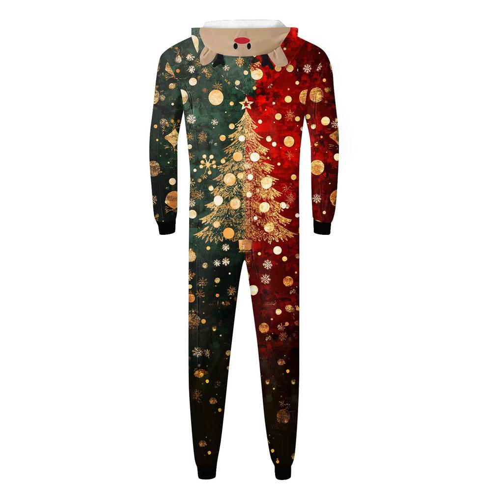 Christmas Print Family Matching Hooded Long Sleeved Zippered Jumpsuit Set