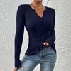 Women's Solid Color Button Knit Pullover V-neck Slim Fit Long Sleeved T-shirt Top