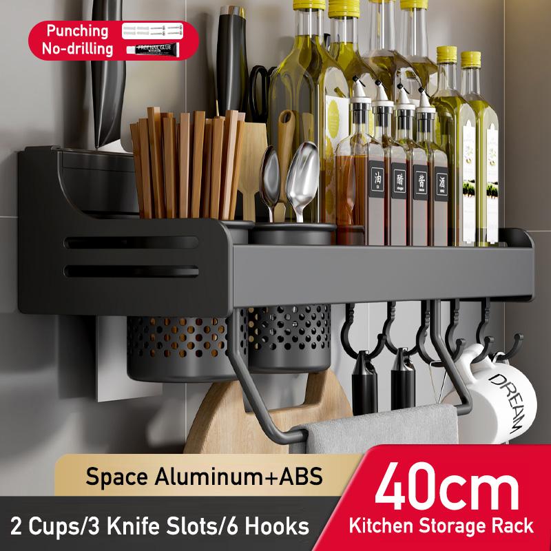 Kitchen Organizer Shelf Wall Mounted Spice Rack Seasoning Holder Dishcloth Towel Rack Knife Spoon Fork Shovel Storage Shelves