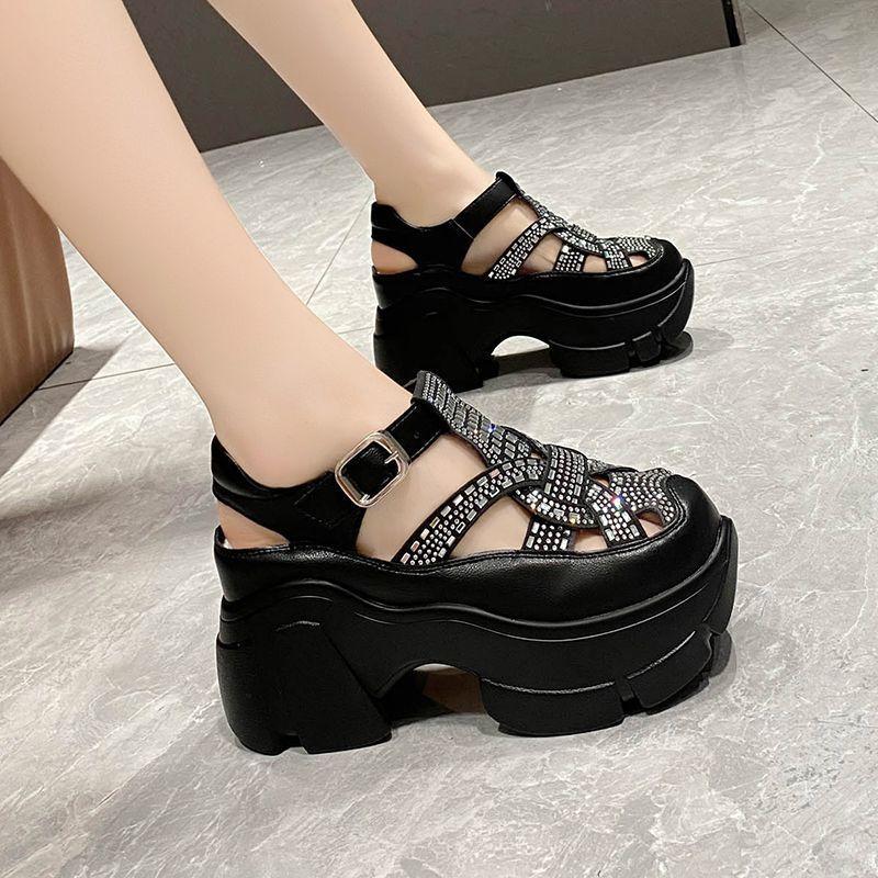 9cm Height Increasing Rhinestone Hollow-out Closed Toe Sandals Female Summer New Platform Platform Platform Platform Platform Platform Sports