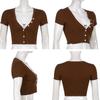 Y2K укороченные топы с кружевной отделкой, коричневая хлопковая футболка на пуговицах с коротким рукавом и v-образным вырезом в стиле ретро, ​​базовая повседневная женская футболка в стиле Харадзюку