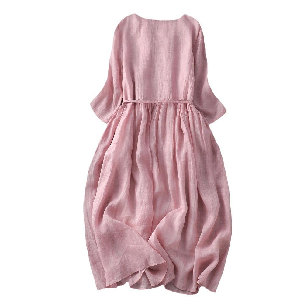 2025 Summer Round Neck Double-layer Fairy Lace-up Waist Medium and Long Travel Vacation Dress Women's Thin