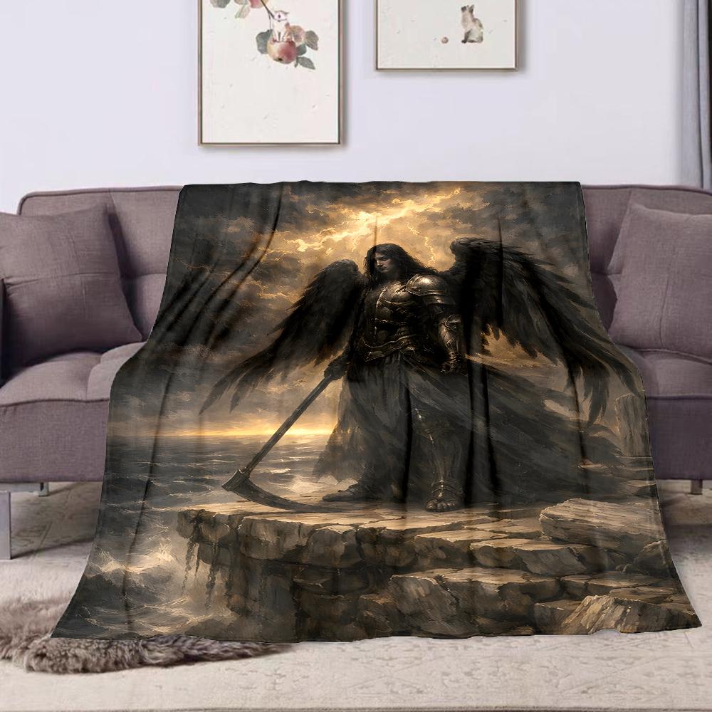 1PC Dark-winged warrior on cliff printed blanket all seasons multi-purpose blanket suitable for sofa, camping, travel, car