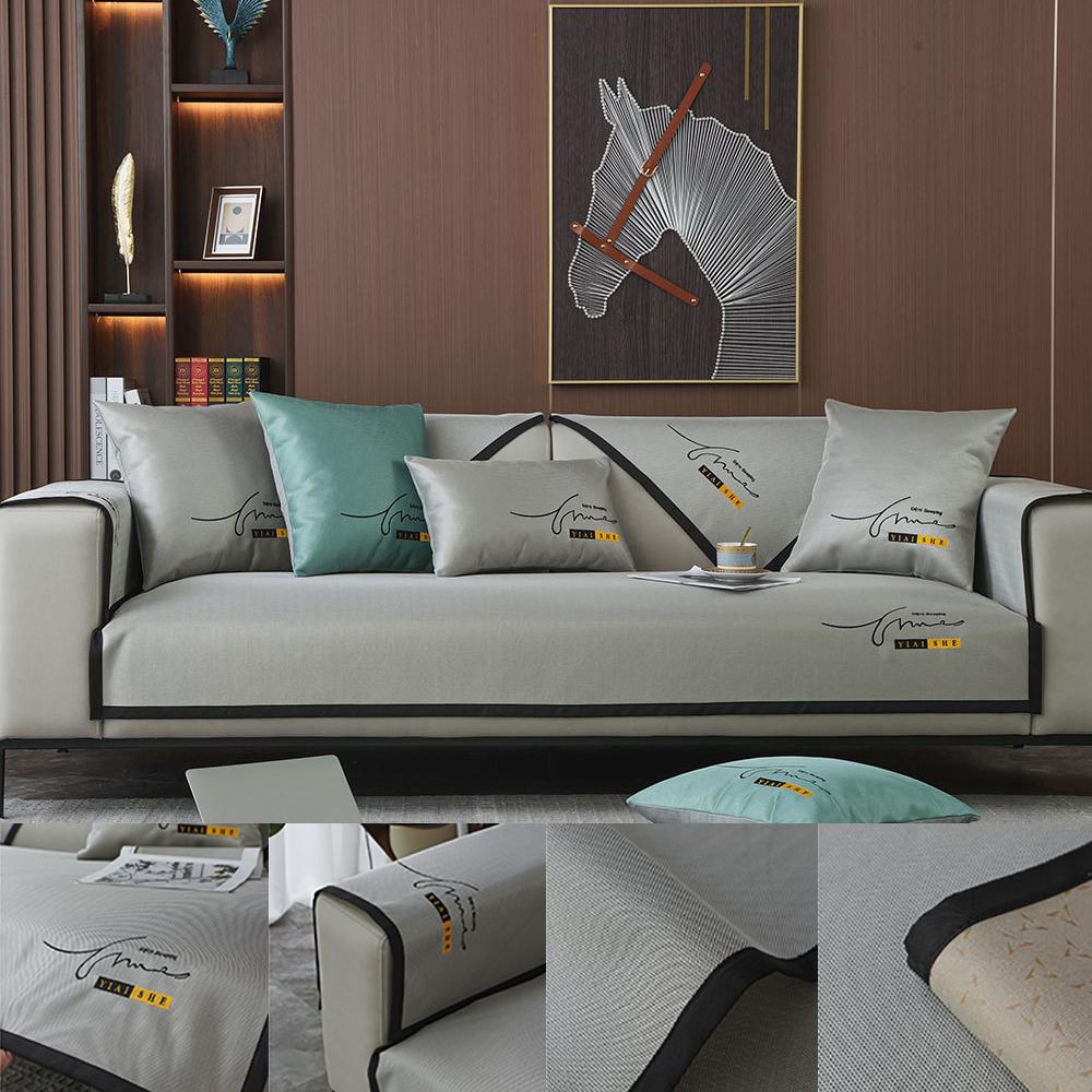 Summer Ice Silk Sofa Cushion Embroidered Mat Cushion Simple and Cool Sofa Towel Machine Washable Ice Silk Sofa Seat