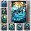 Marine Animals Canvas Painting Dolphin Blue Whale Stained Glass Posters Prints Abstract Wall Art Pictures for Living Room Decor