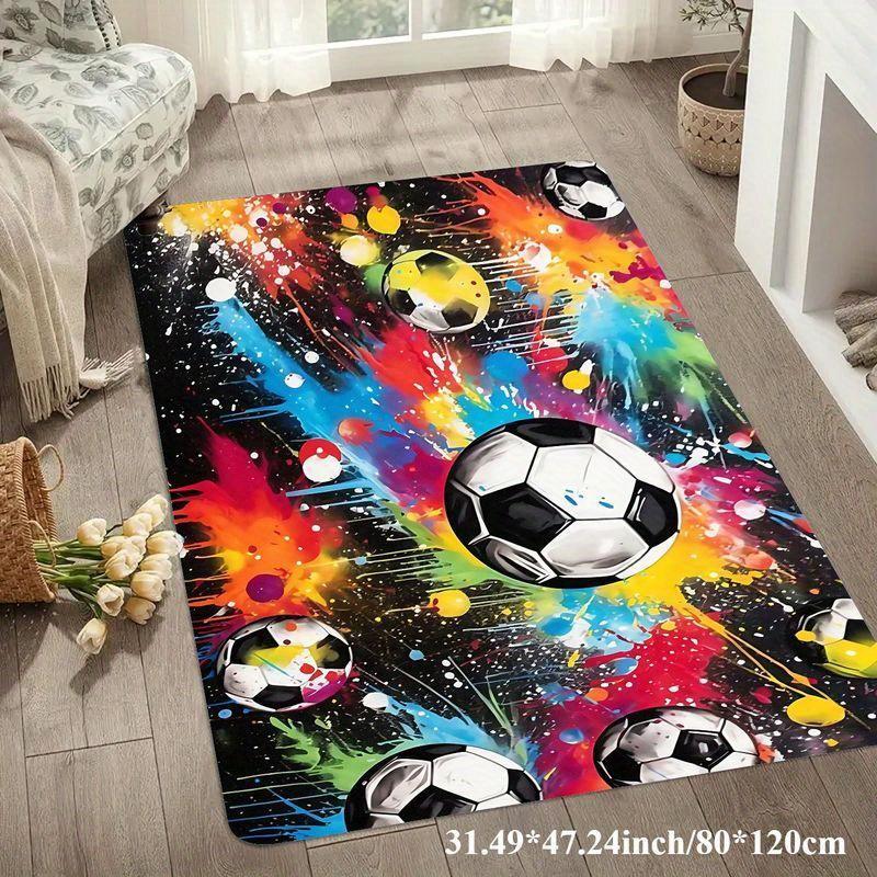 Colorful Soccer Ball Rug, Graffiti Style Sports Floor Mat, Non-Slip Carpet for Kids Bedroom or Game Room