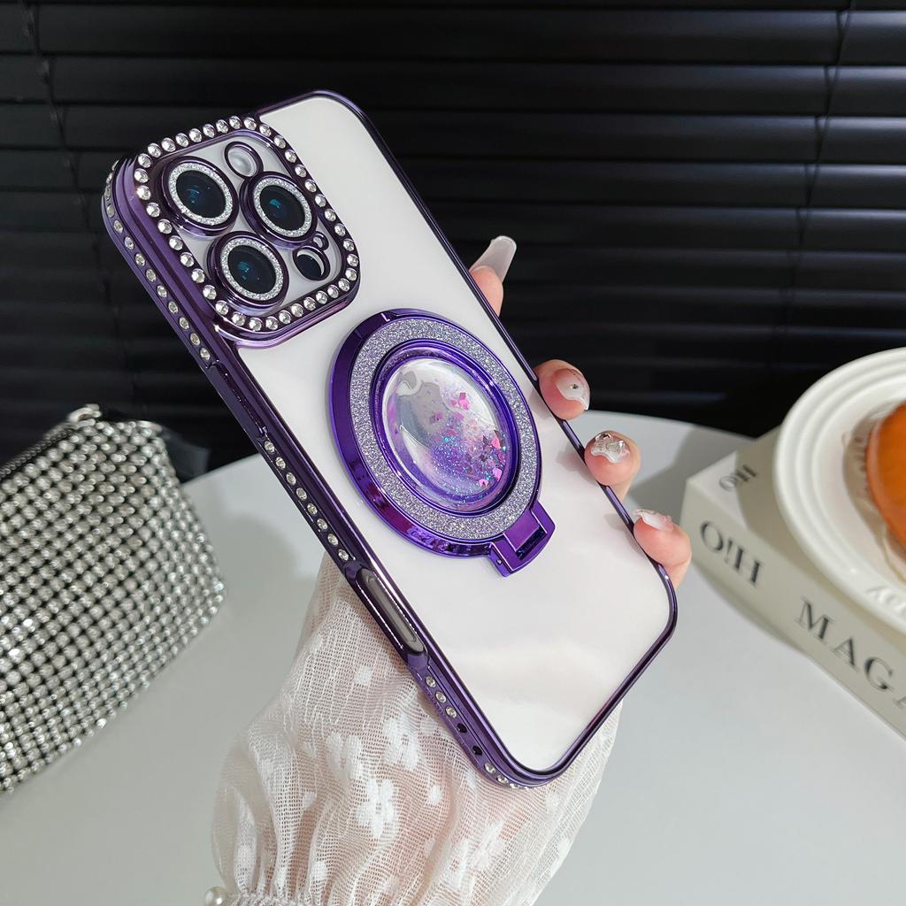 Чехол-бампер для телефона с подставкой, защищающий объектив камеры, с гальваническим покрытием, блестками и бриллиантами, для iPhone 17 16 Pro Max Samsung S25 S24, прозрачная защитная крышка