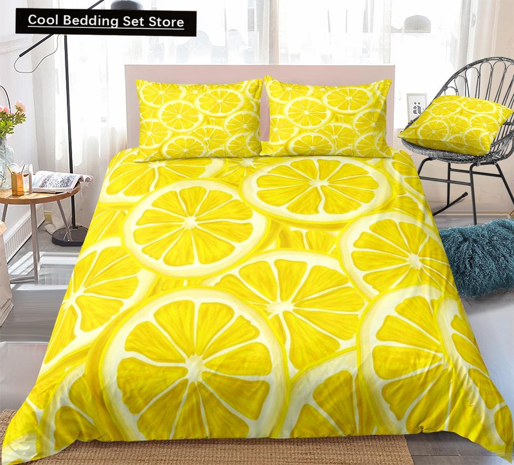 Постельный комплект с принтом лимонов Желто-зеленый Фруктовая тематика Розовый Пододеяльник Размер Кинг/Евро Милый Мультяшный 2/3 шт. Полиэстеровый Чехол для одеяла