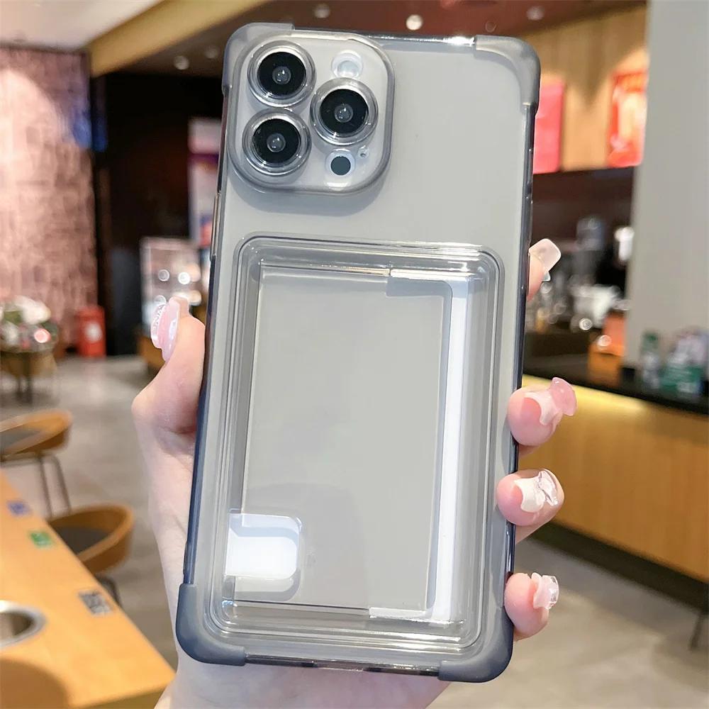 Card Holder Transparent Case for iPhone 15 14 16 Pro Max Plus Wallet Airbag Shockproof Clear Cover for iPhone 13 12 11 Pro Max