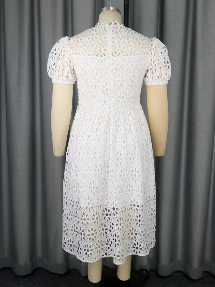 AOMEI White Lace Dresses Women Short Sleeve Hollow Out High Waist A Line Midi Casual Work Party Gowns