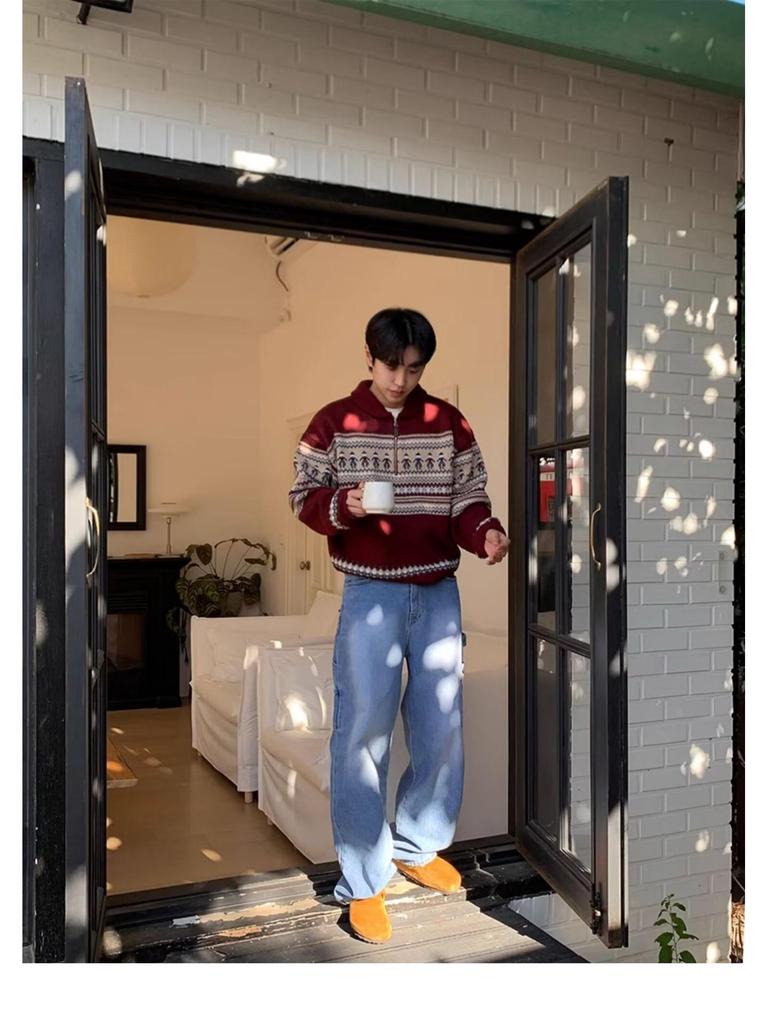 Мужской ретро красный свитер с лацканами, длинным рукавом и молнией до середины груди для осени и зимы