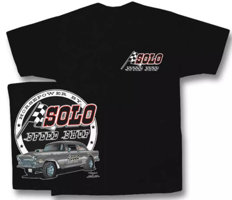 Solo Speed Shop 55 Chevy Gasser Мужская черная футболка Гонки на драгстерах Хот-роды Унисекс футболка
