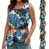 Women's Summer Casual Pleated Square Neck Sleeveless Tank Top Printed T-Shirt