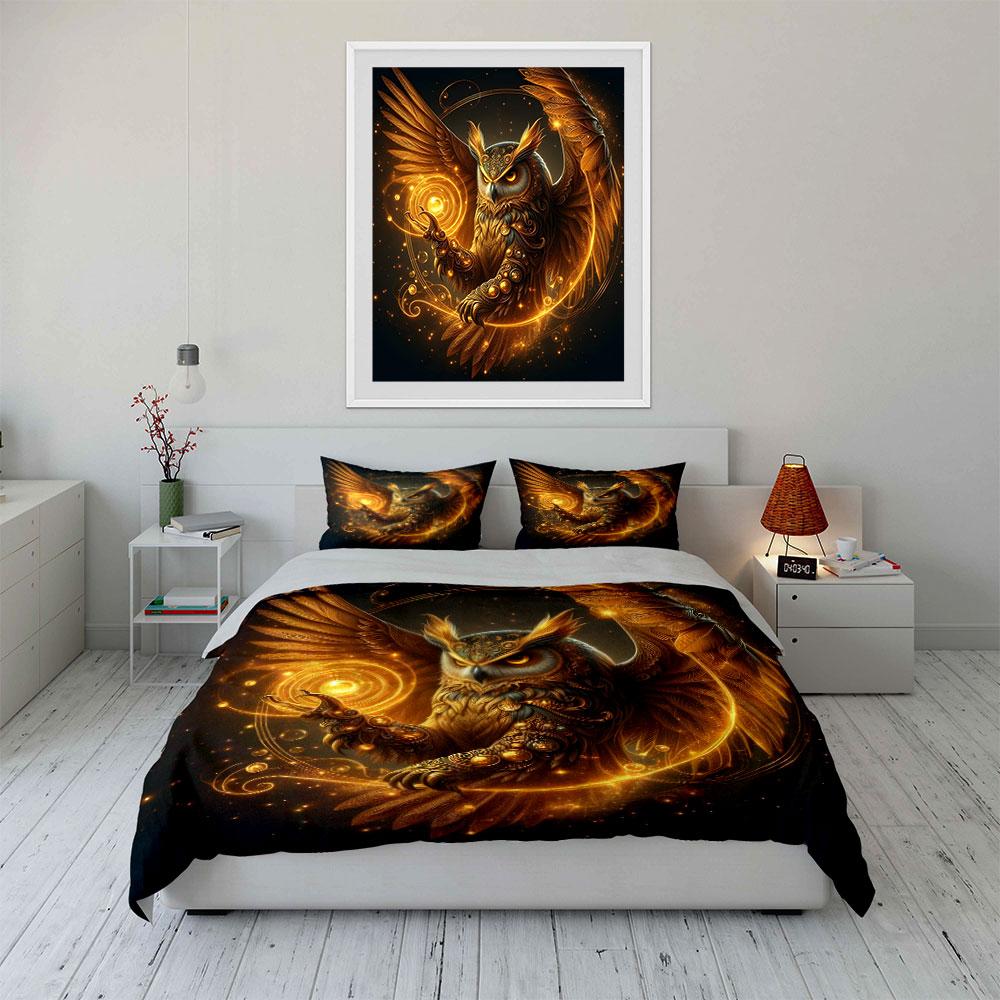 Golden Owl Art Decor Set Bedding Set with 1 Duvet Cover 2 Pillowcases Single Double King Queen, Gift