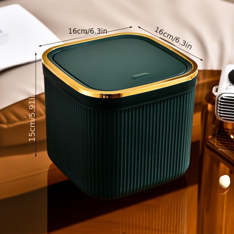 Square Press Type Mini Trash Can Quiet Close Elegant Ribbed Design with Golden Accents Plastic Desktop Bin Bathroom Home Use