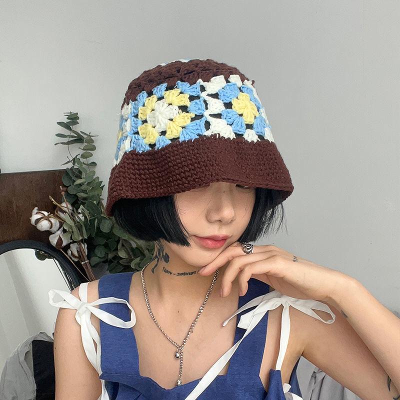 Handmade Crochet Flower Bucket Hat for Girls Korean Hot Travel Beach Panama Caps Design Knitted Hat Winter Beanie Wool Warm Cap