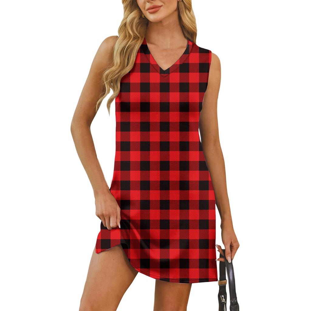 Женский летний повседневный сарафан без рукавов с V-образным вырезом и принтом в клетку для пляжного отдыха