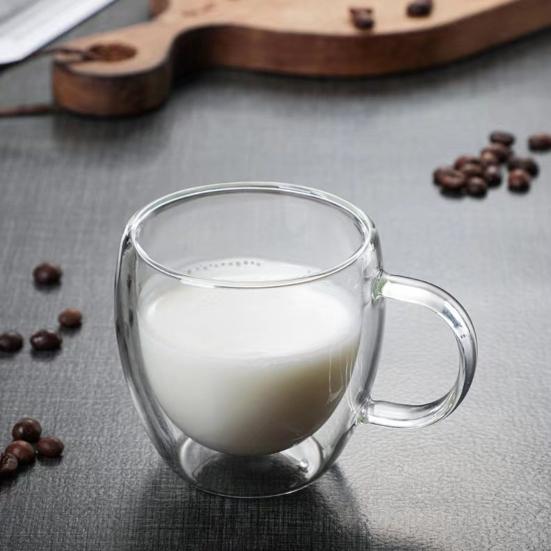 Double Wall Glass Tumbler with Handle Heat-Resistant Insulated Glass Mugs for Coffee Tea Milk 12oz Transparent Drink Cup for Home Office Use