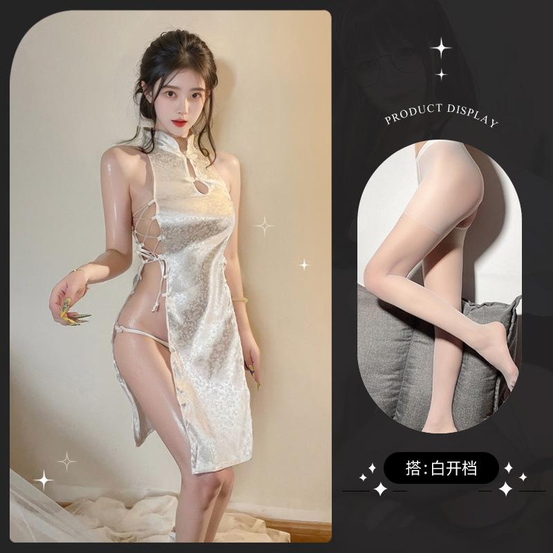 Sex underwear sexy neck hollow retro split mesh national style cheongsam sex suit